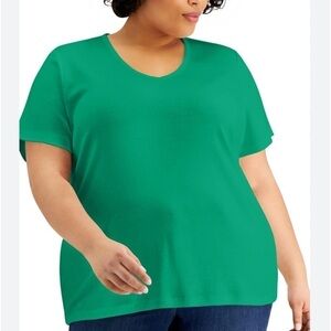Karen Scott Plus Size Cotton V-Neck Top,- Green Verde, T shirt. Tee